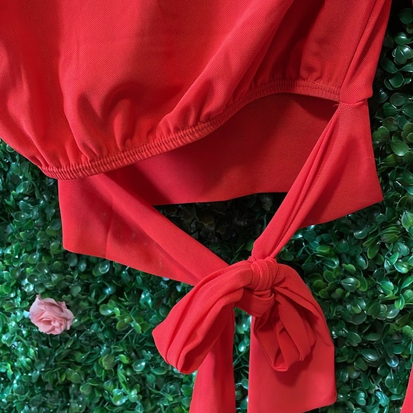 Cherry Red Blouse w Sheer Flared Sleeves - Picture 4 of 5